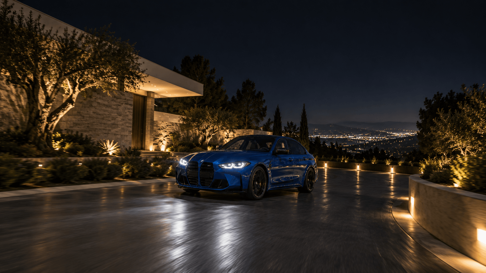 Blue sports sedan passing a modern home at night